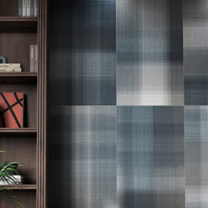 blue and gray plaid porcelain tiled wall with shelfing unit