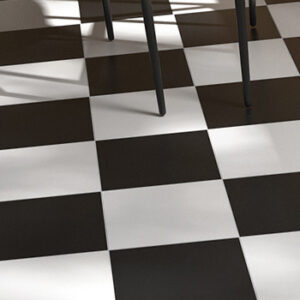 black and white checkerboard tiled kitchen floor