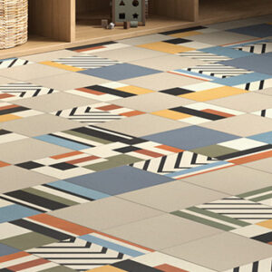 8x8 beige and blue porcelain tiles paired with patterned tiles installed on a floor