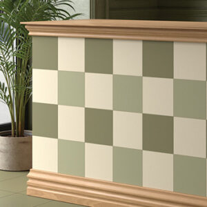 dark and light green and beige 8x8 tiled in a checkerboard pattern on a counter front