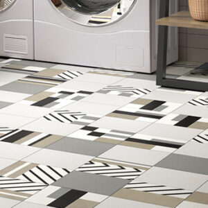 8x8 white and gray porcelain tiles paired with patterned tiles installed on a floor